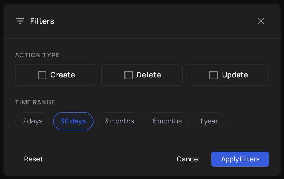 Activity Filter modal with module, action, and actor controls