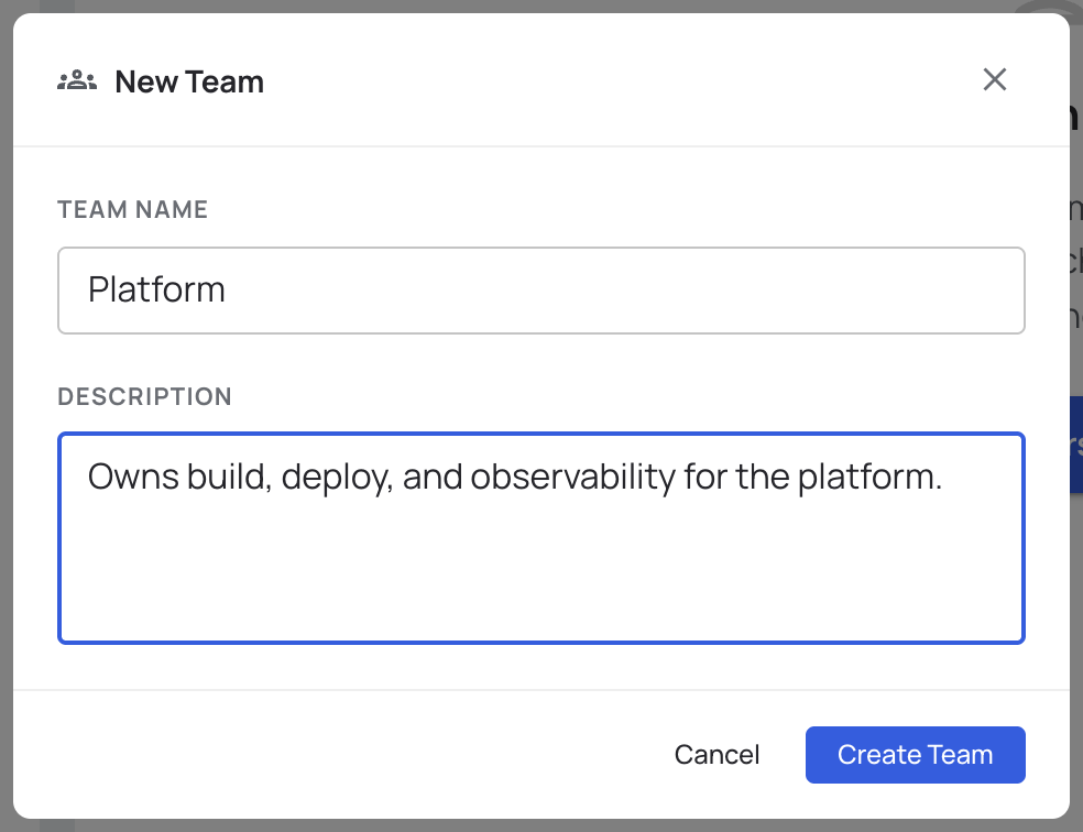 Create Team modal with the Name and Description fields