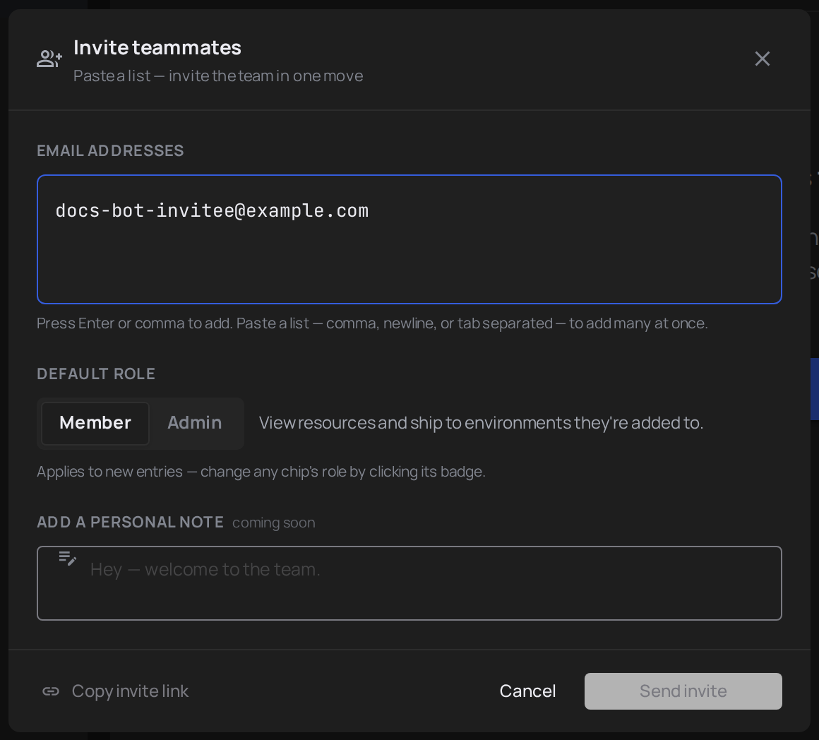 Invite modal with the email and role fields