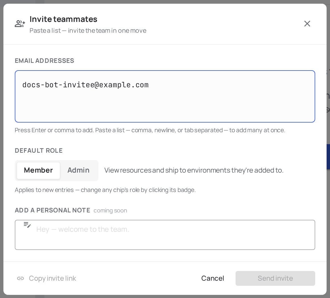 Invite modal with the email and role fields