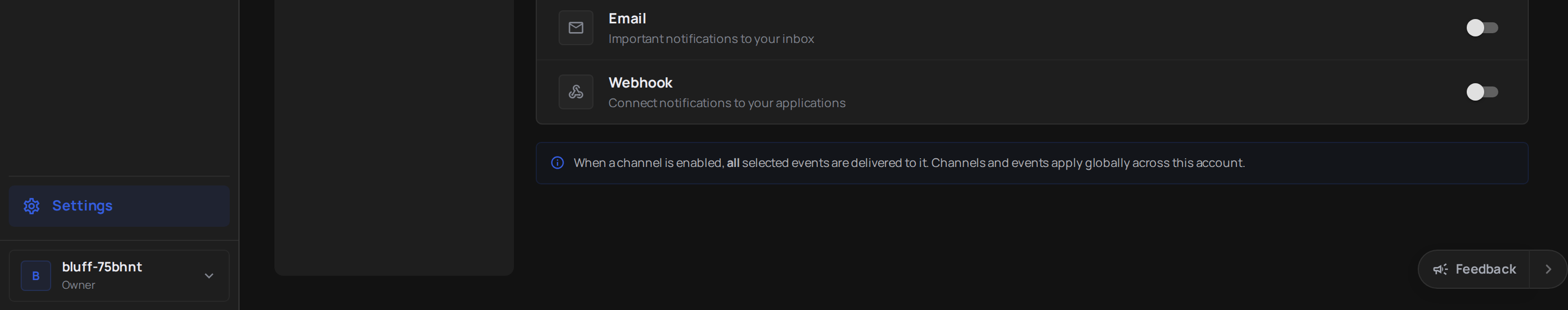 Email channel configuration showing email address input field and enabled toggle switch