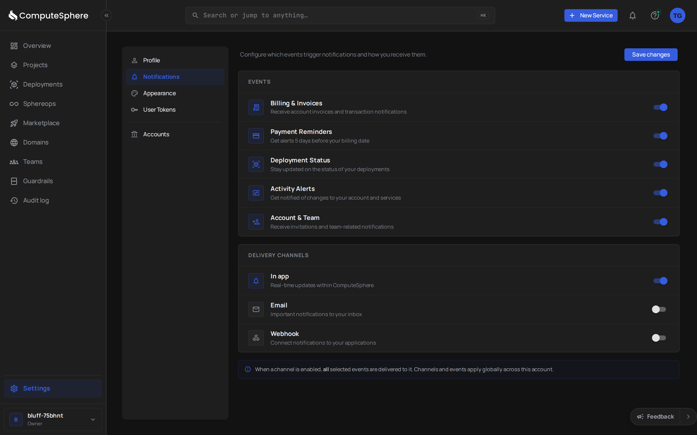 Notifications settings page showing topic toggles for billing, payment, deployment, activity, and account events, with channel toggles for in-app, email, and webhook