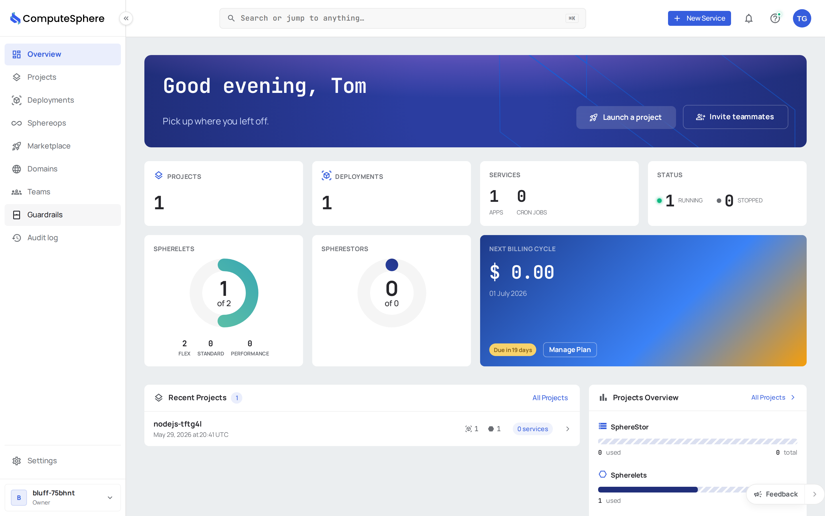 ComputeSphere console Overview dashboard