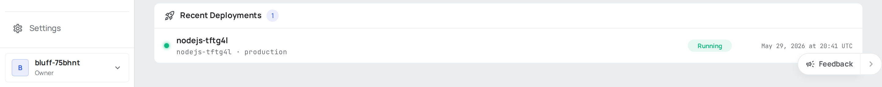 Recent deployments list with status indicators