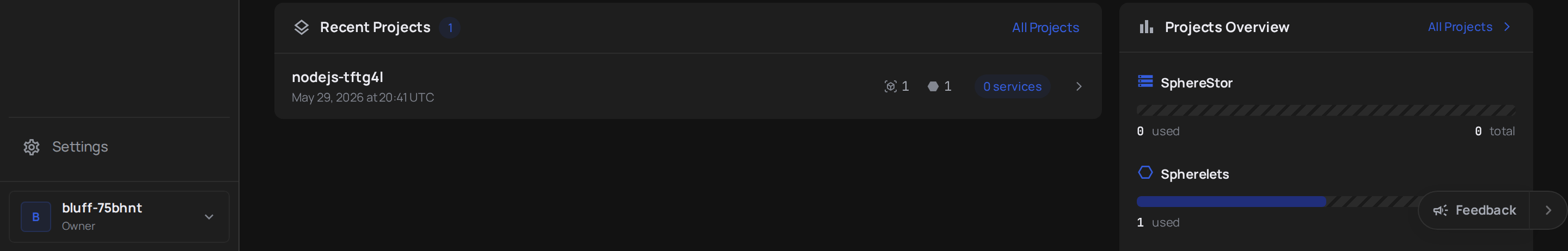 Recent projects list with activity timestamps and resource counts