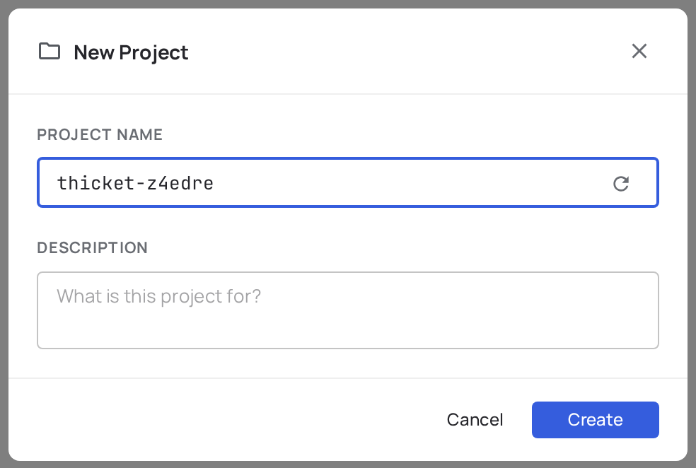 New Project modal showing the Name and Description fields
