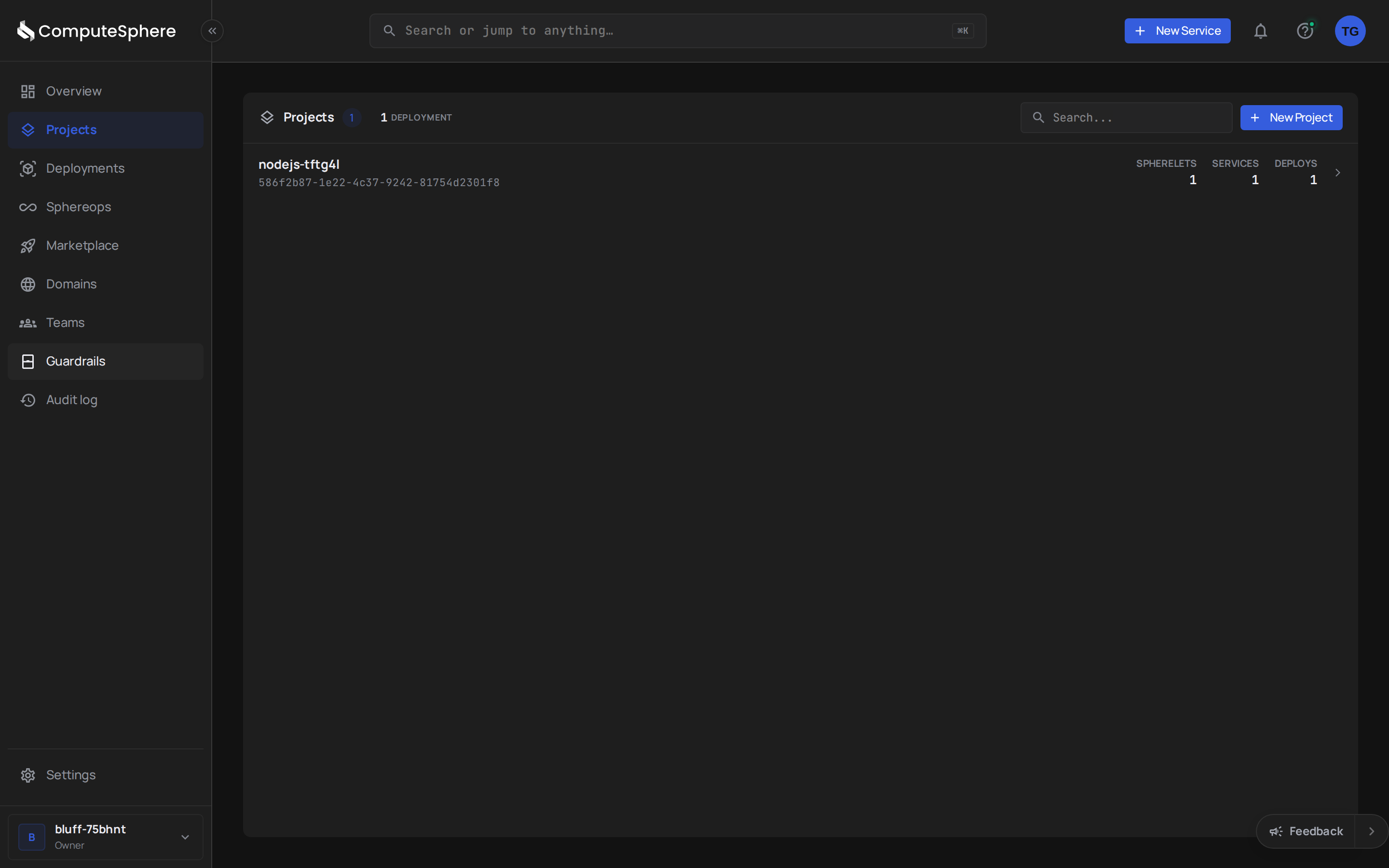 ComputeSphere console Projects page with the project list