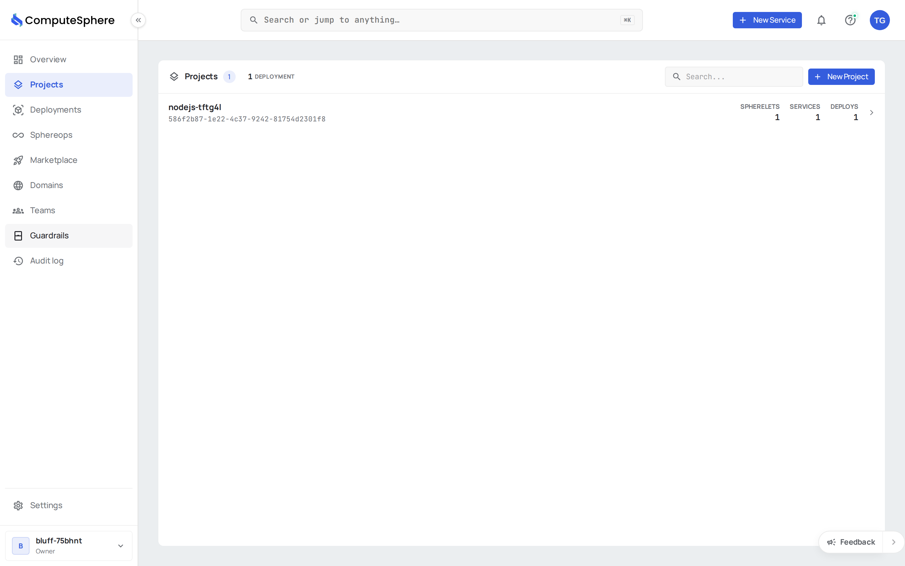 ComputeSphere console Projects page with the project list
