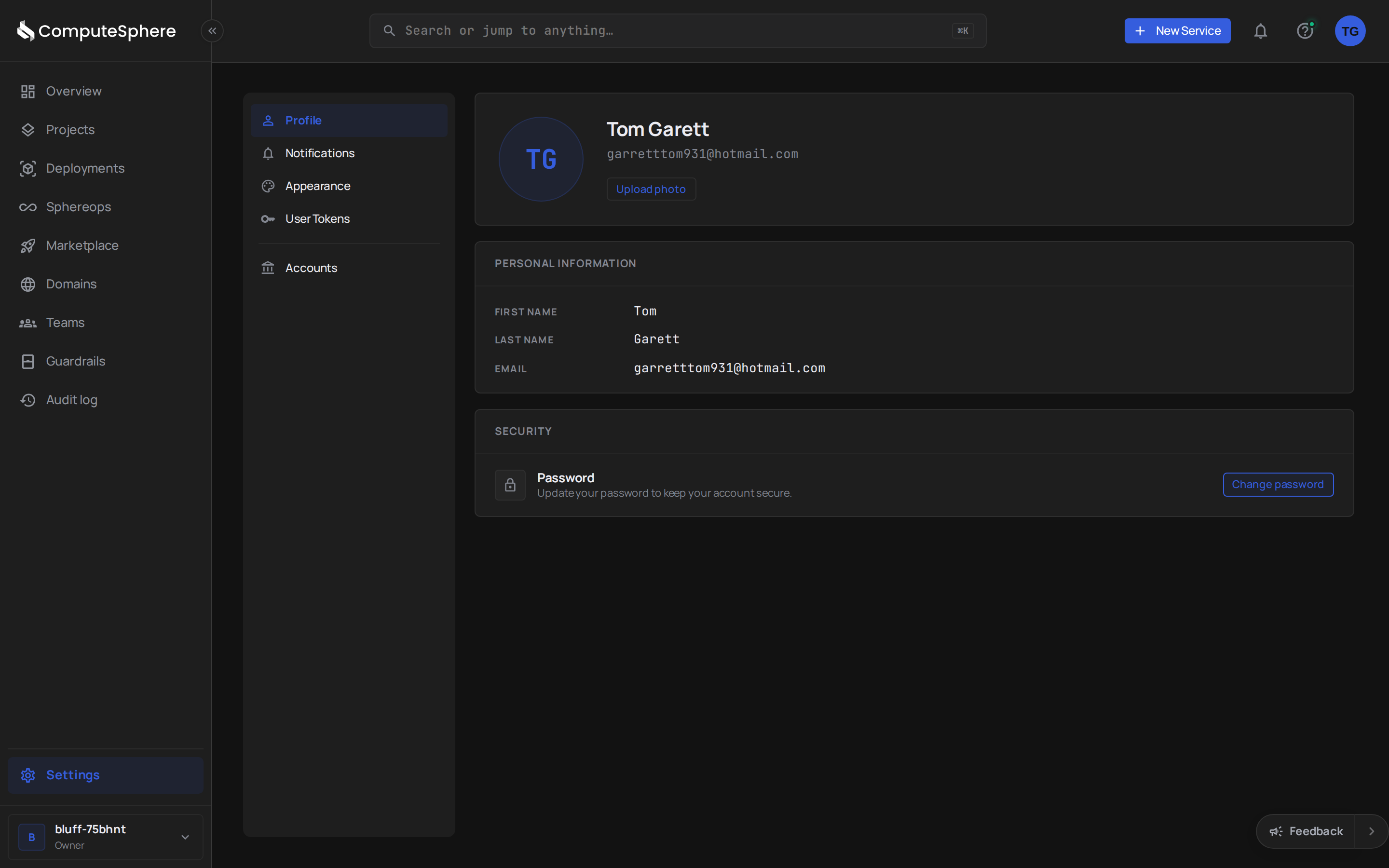 Settings landing page in the ComputeSphere console (opens to Profile by default)