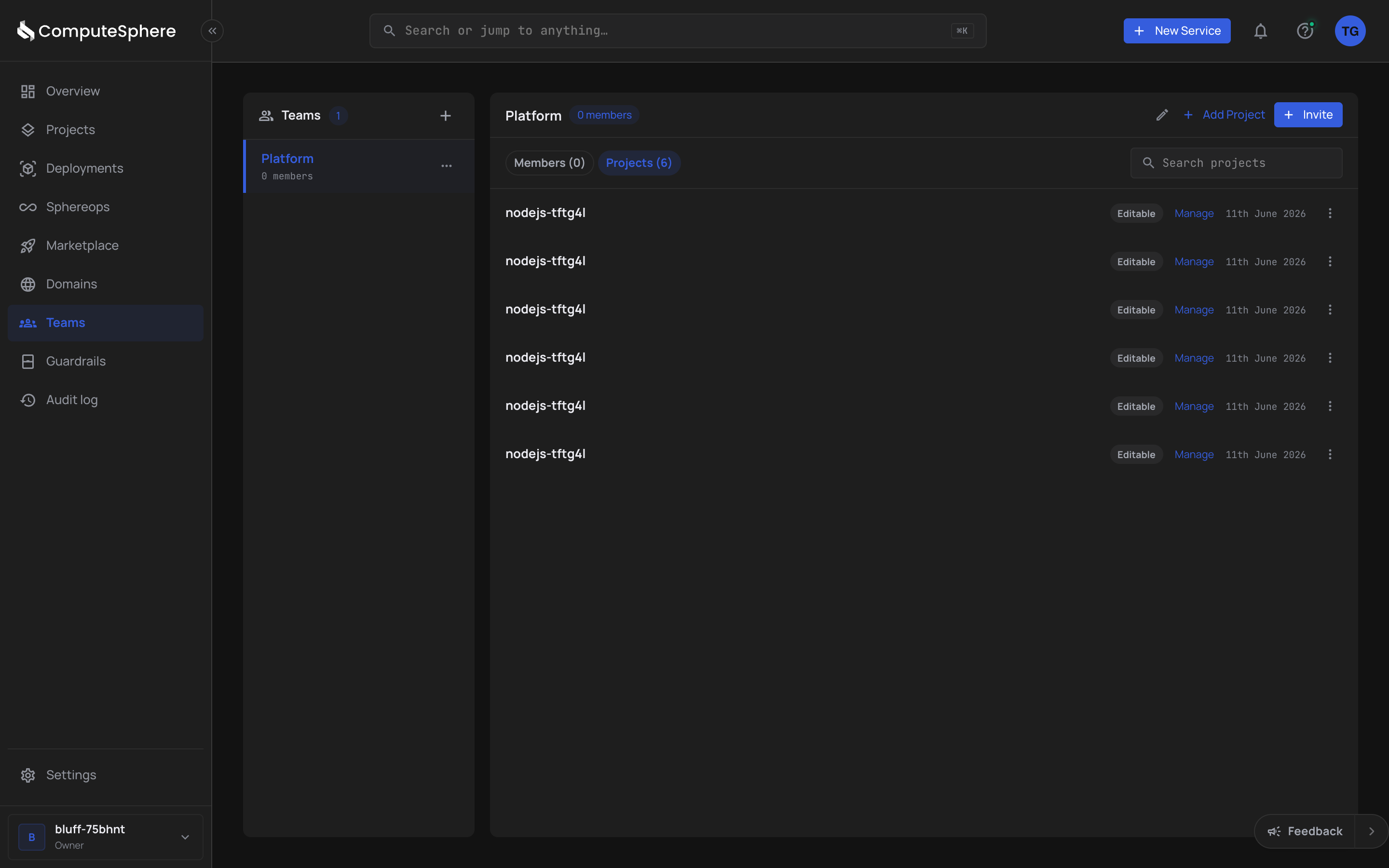 Team Projects tab with the Add Project button