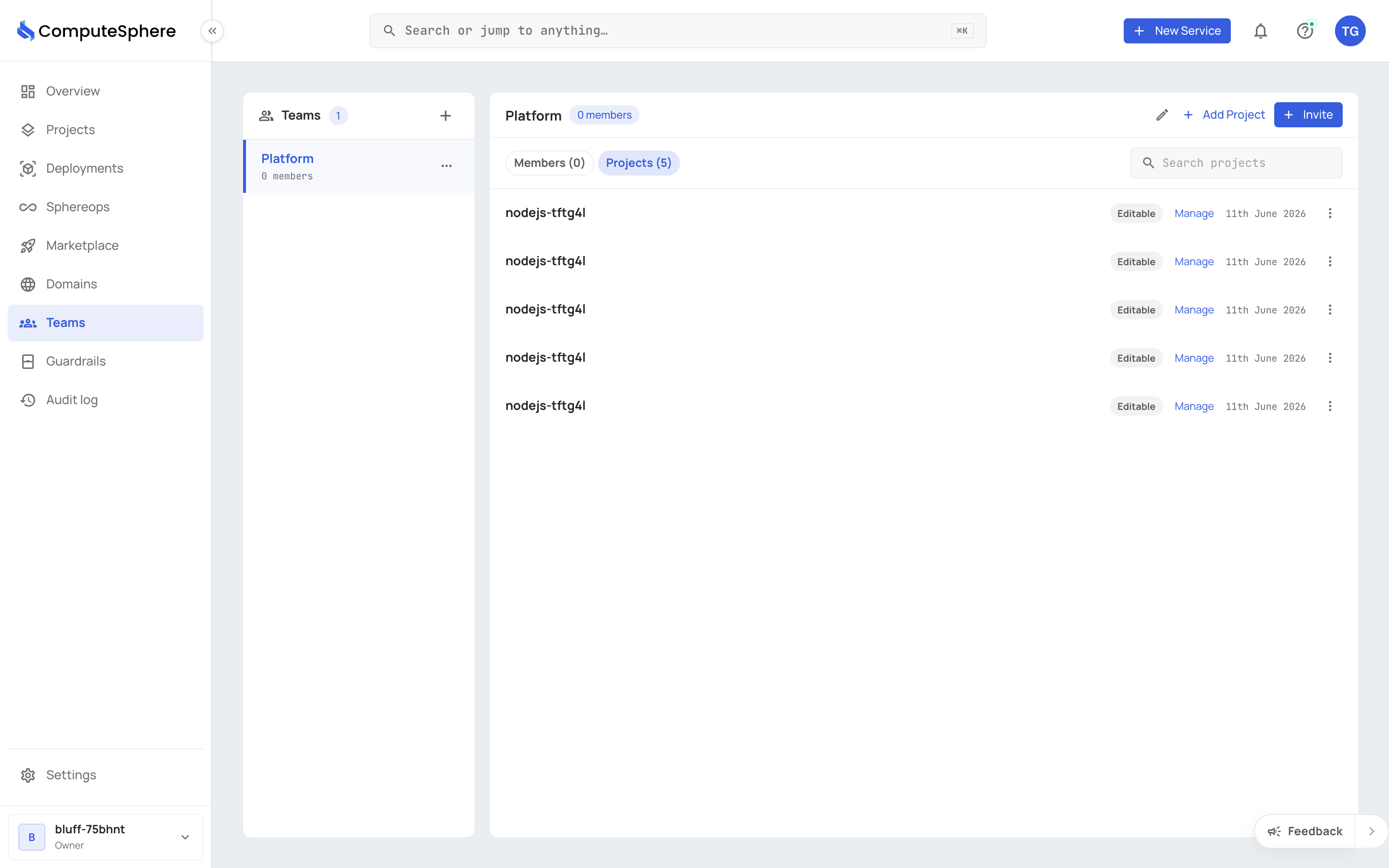 Team Projects tab with the Add Project button