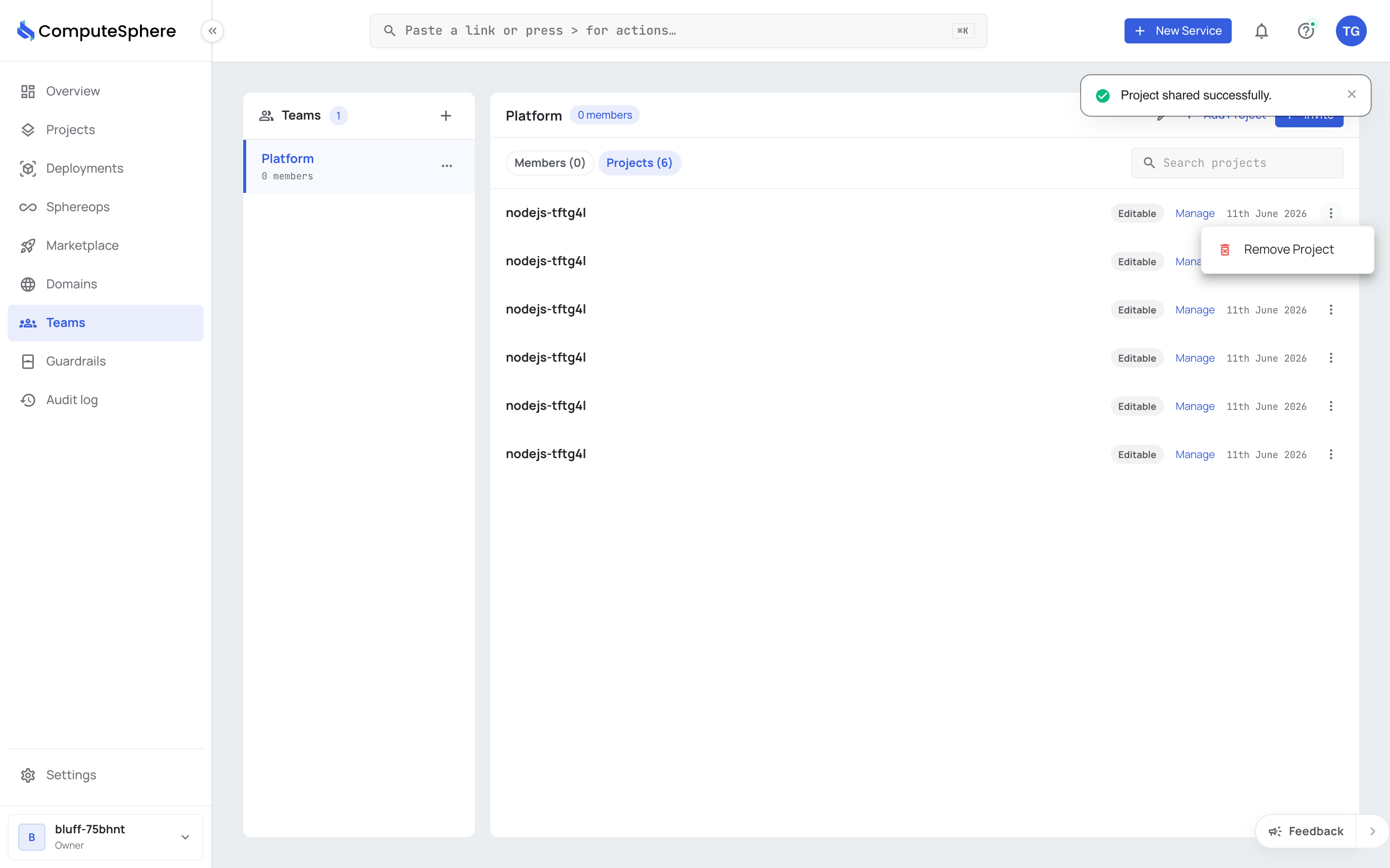 Project row actions menu with Remove Project